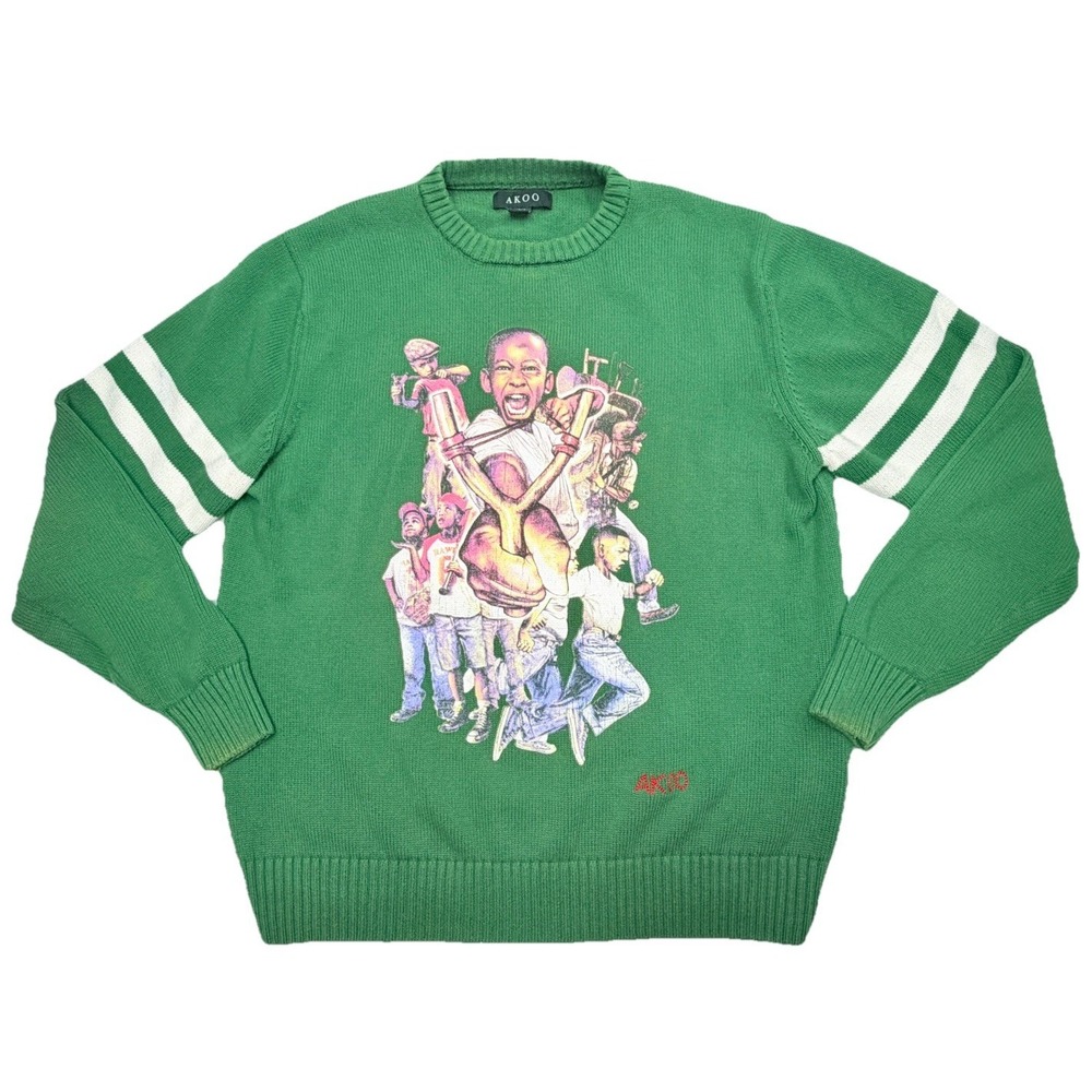 AKOO Yung Kings Green Graphic Sweater XXL White Striped Sleeves Streetwear
